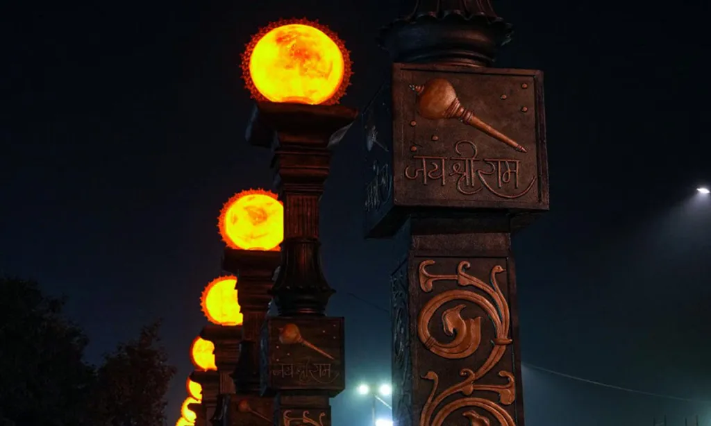 Road in Ayodhya decorated with sun-themed pillars ahead of consecration ceremony at Ram temple