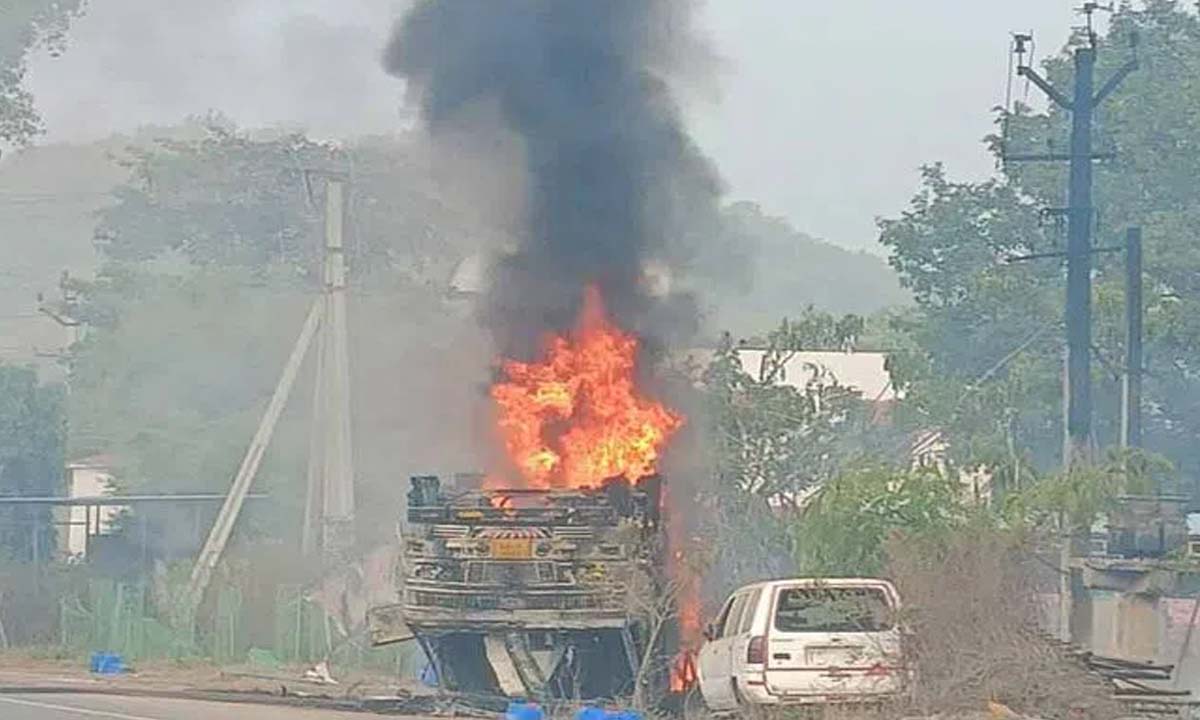 Jagtial: Oil tanker overturned, caught fire