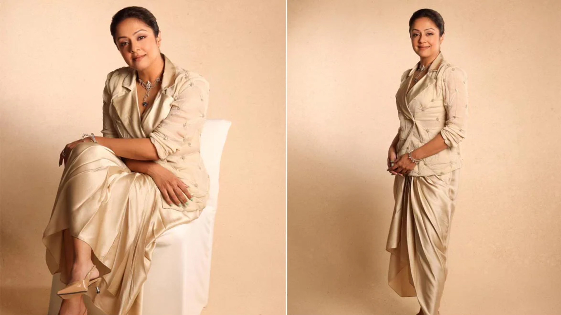 Jyotika's Beige Anamika Khanna Blazer And Draped Dhoti Skirt Is An Elevated Take On Summer Neutrals